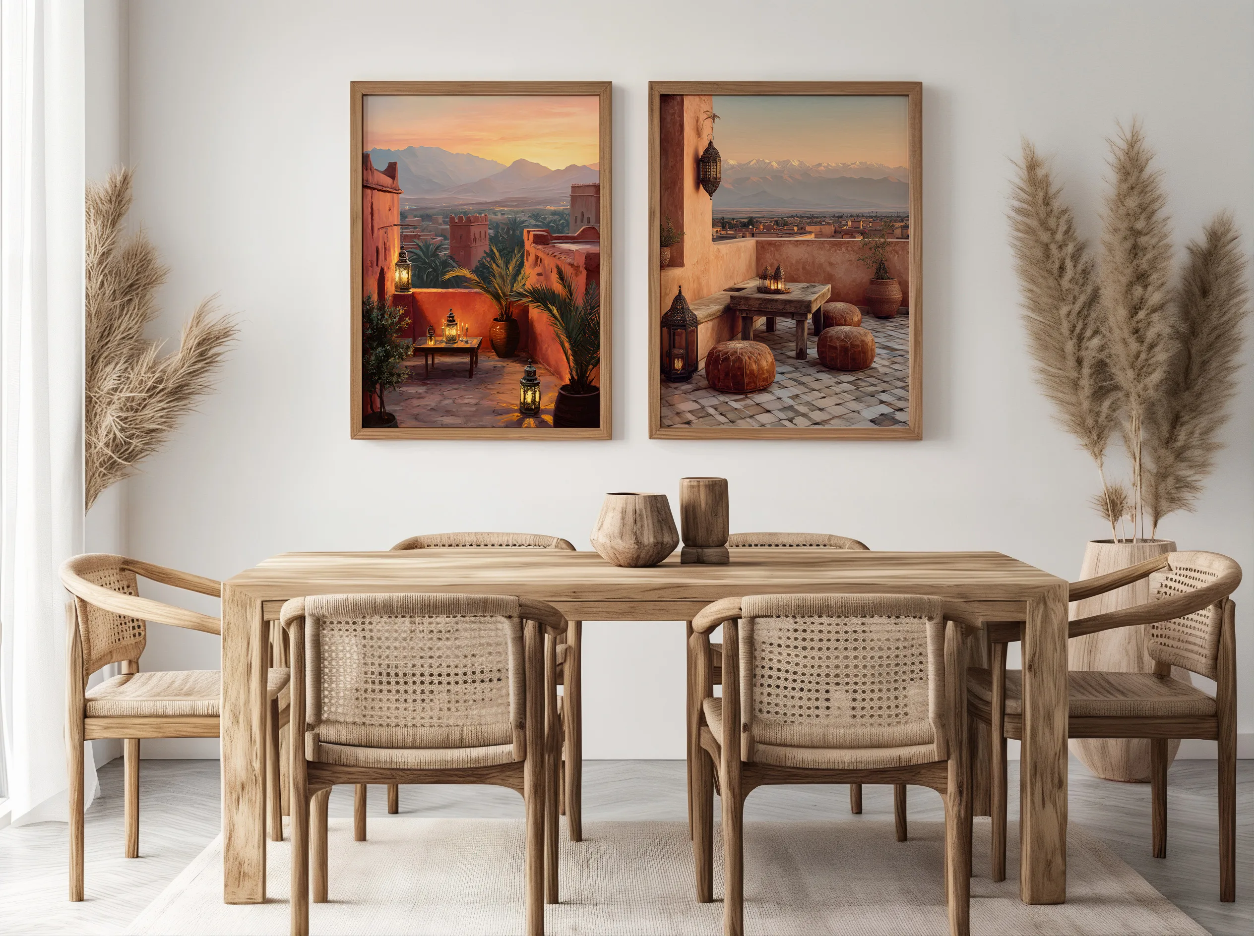 Affiches terrasse marocaine en duo au-dessus d’un meuble en bois