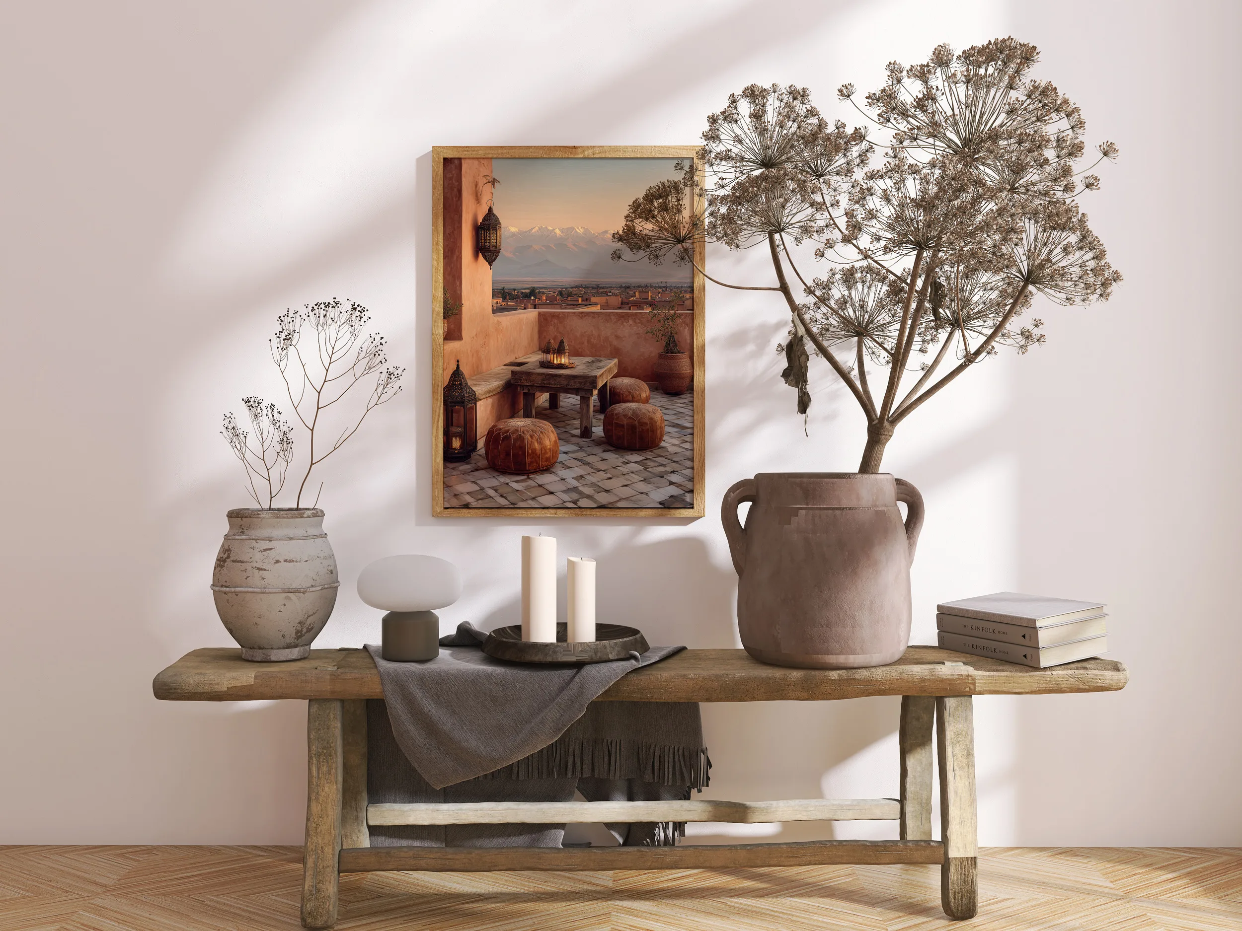 Affiche murale marocaine avec vase décoratif et fleurs séchées
