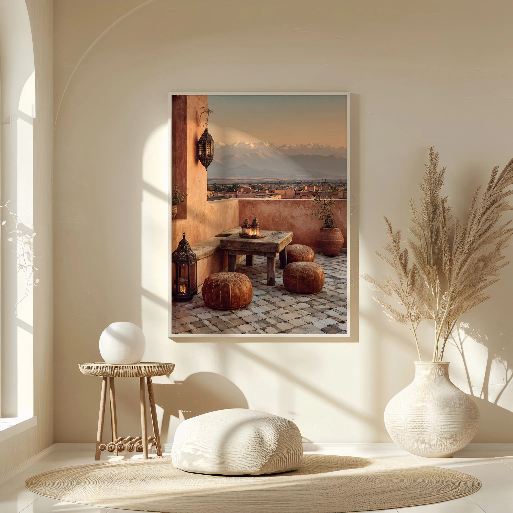 Affiche terrasse marocaine dans un intérieur doux aux tons naturels