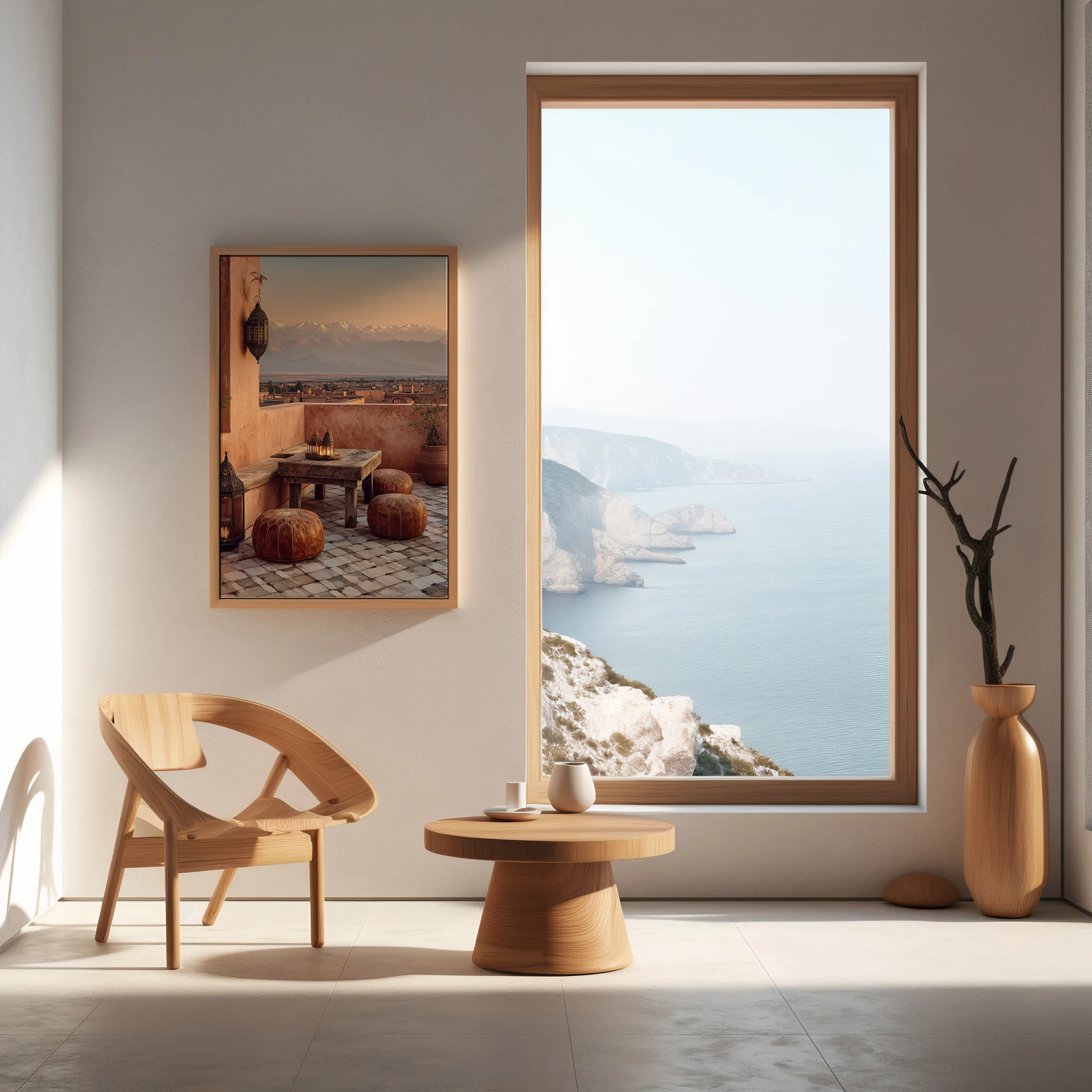 Poster terrasse marocaine avec vue sur mer dans un intérieur minimaliste