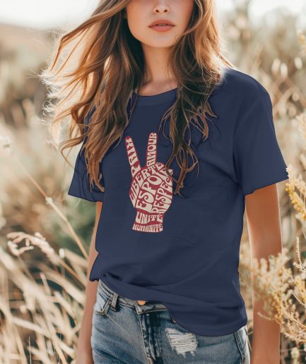 T-shirt peace and love marine porté – signe de paix Paix Liberté Humanité