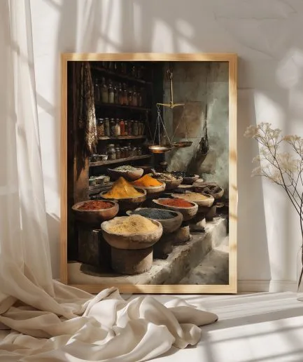 Affiche souk marocain avec épices colorées, bocaux et balance ancienne