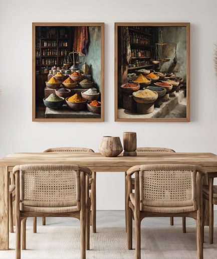 Composition murale avec affiches marocaines et ambiance artisanale