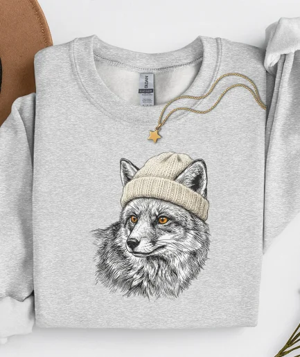 Sweat renard bonnet gris cendré avec illustration d'un renard en bonnet, photo à plat avec chapeau et collier étoile