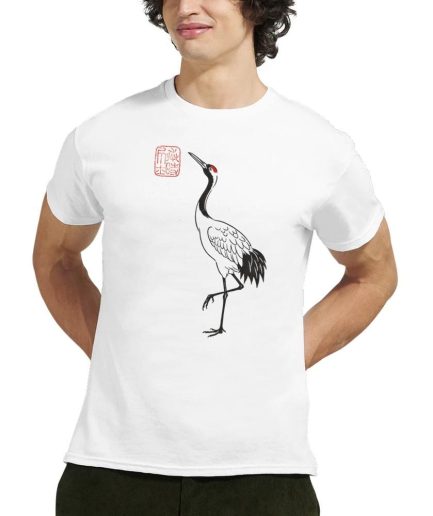 T-shirt grue japonaise sumi-e – illustration à l’encre noire avec accent rouge