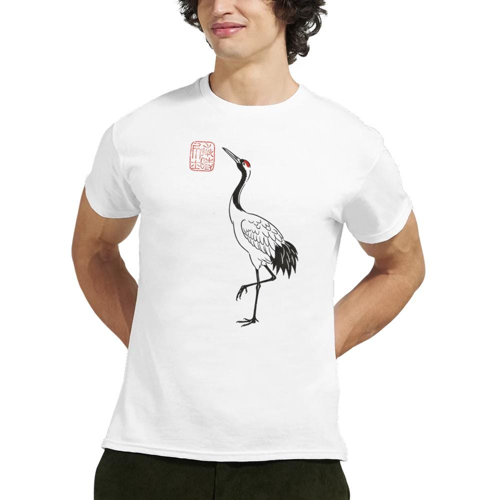 T-shirt Grue Japonaise Sumi-e – Symbole Zen de Longévité T-shirt grue japonaise sumi-e – illustration à l’encre noire avec accent rouge