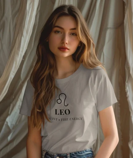 t shirt leo blanc design astrologique minimaliste porté femme