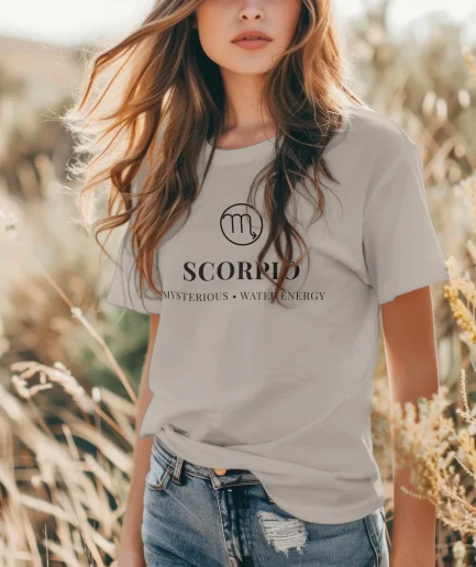T-shirt Scorpion minimaliste beige porté femme – design astrologique discret et raffiné