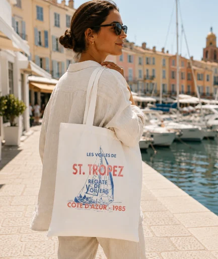 tote bag Saint-Tropez vintage blanc avec design voilier Côte d’Azur