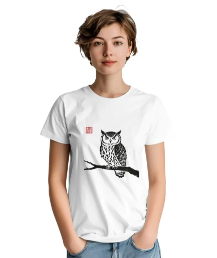T-shirt hibou sumi-e art japonais – coloris blanc