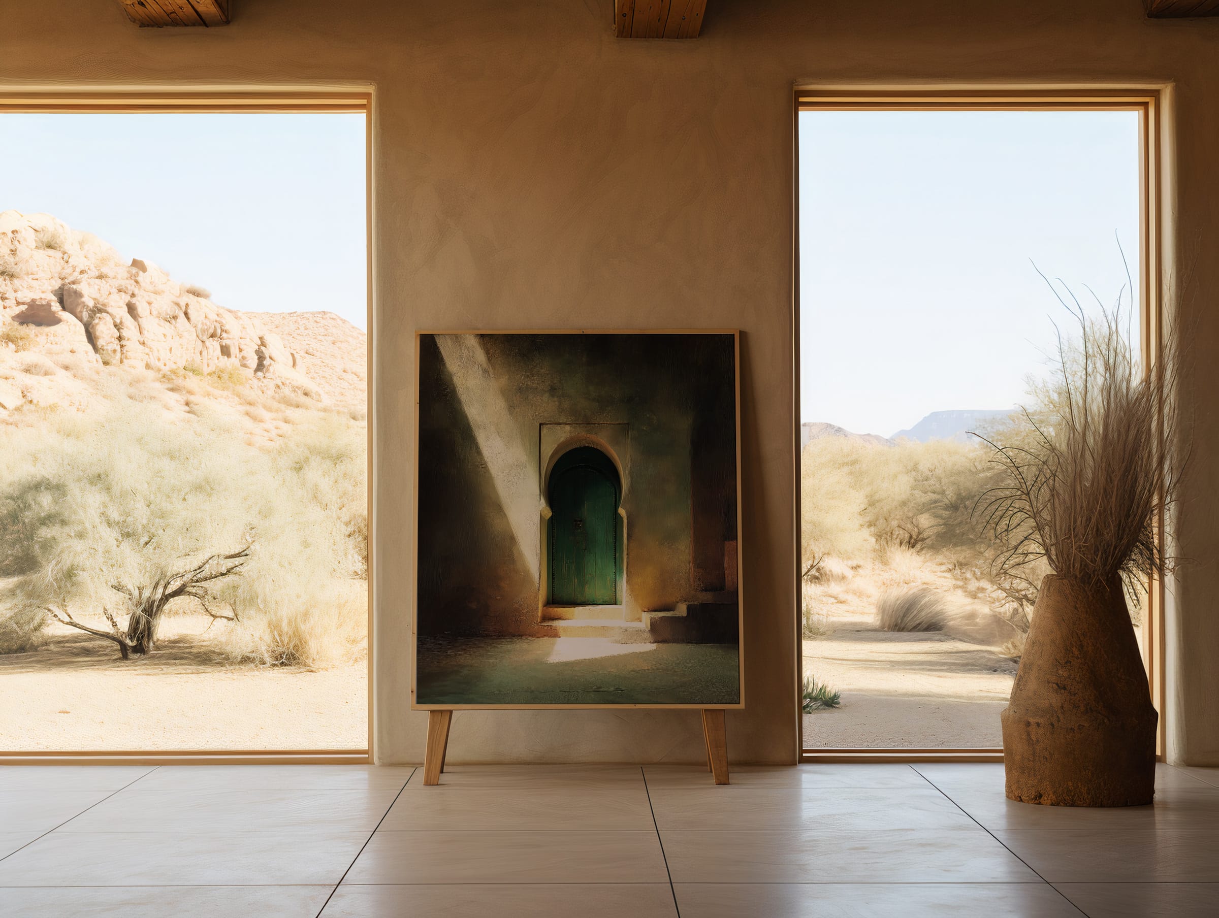 Affiche Porte Verte Maroc – Ombres & Lumière Orientale Affiche porte verte Maroc posée devant une fenêtre avec vue désertique