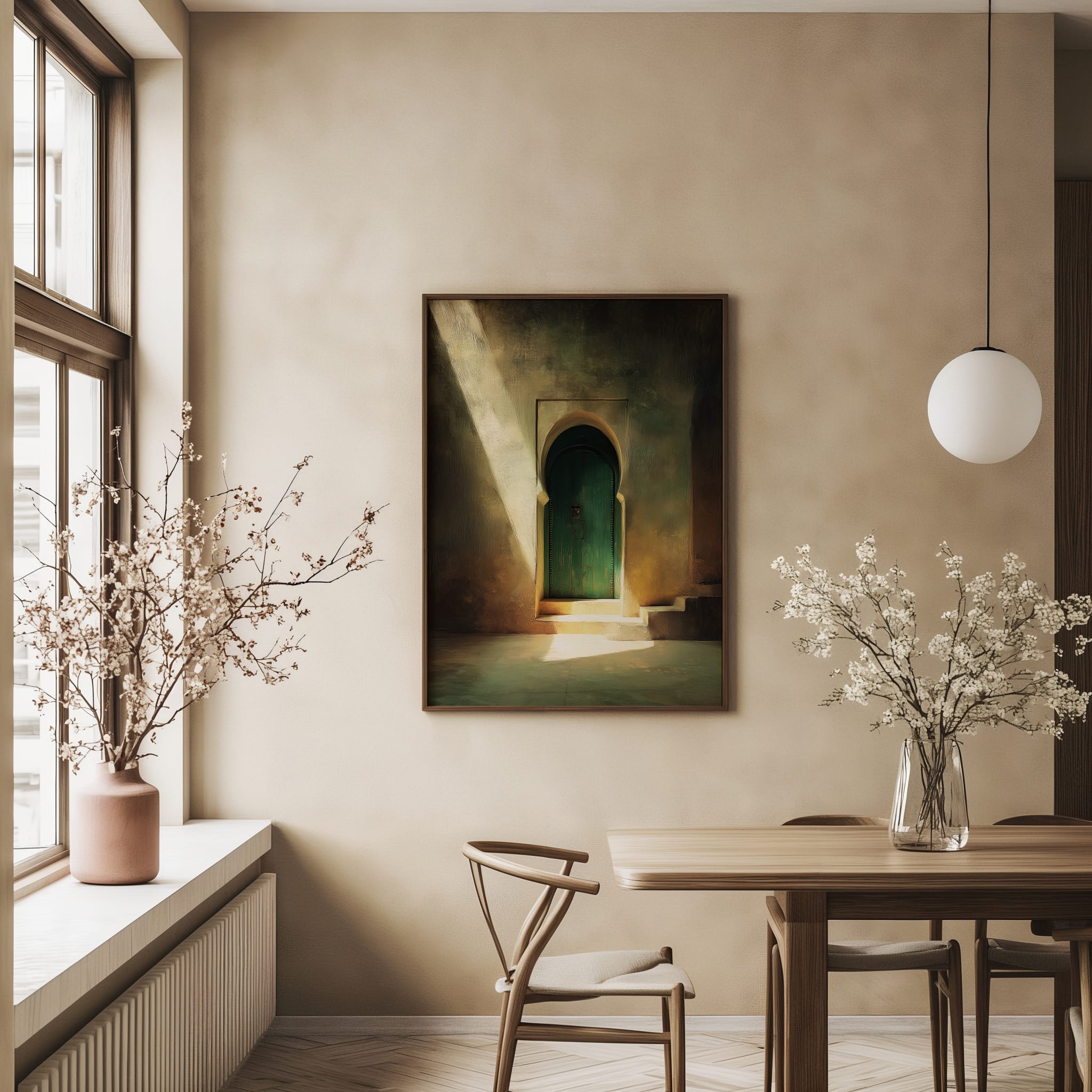 Affiche Porte Verte Maroc – Ombres & Lumière Orientale Affiche porte verte Maroc dans une pièce minimaliste avec fauteuil et plantes