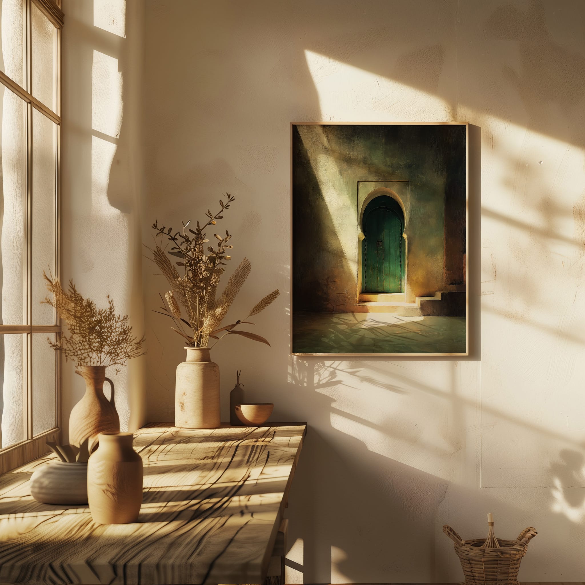 Affiche Porte Verte Maroc – Ombres & Lumière Orientale Affiche porte verte Maroc avec ombres et lumière dorée dans un intérieur élégant
