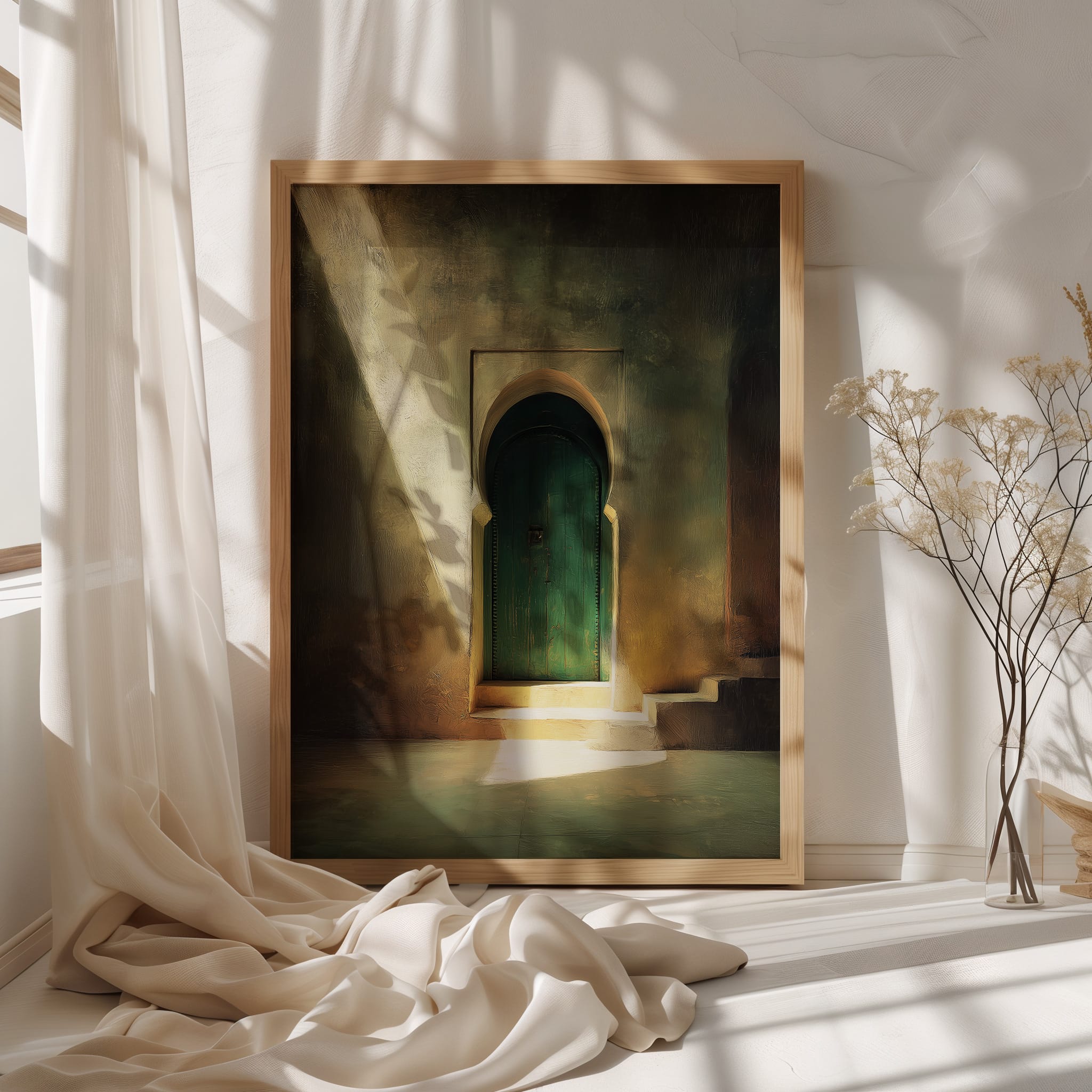 Affiche Porte Verte Maroc – Ombres & Lumière Orientale Affiche porte verte Maroc encadrée dans une chambre lumineuse aux tons naturels