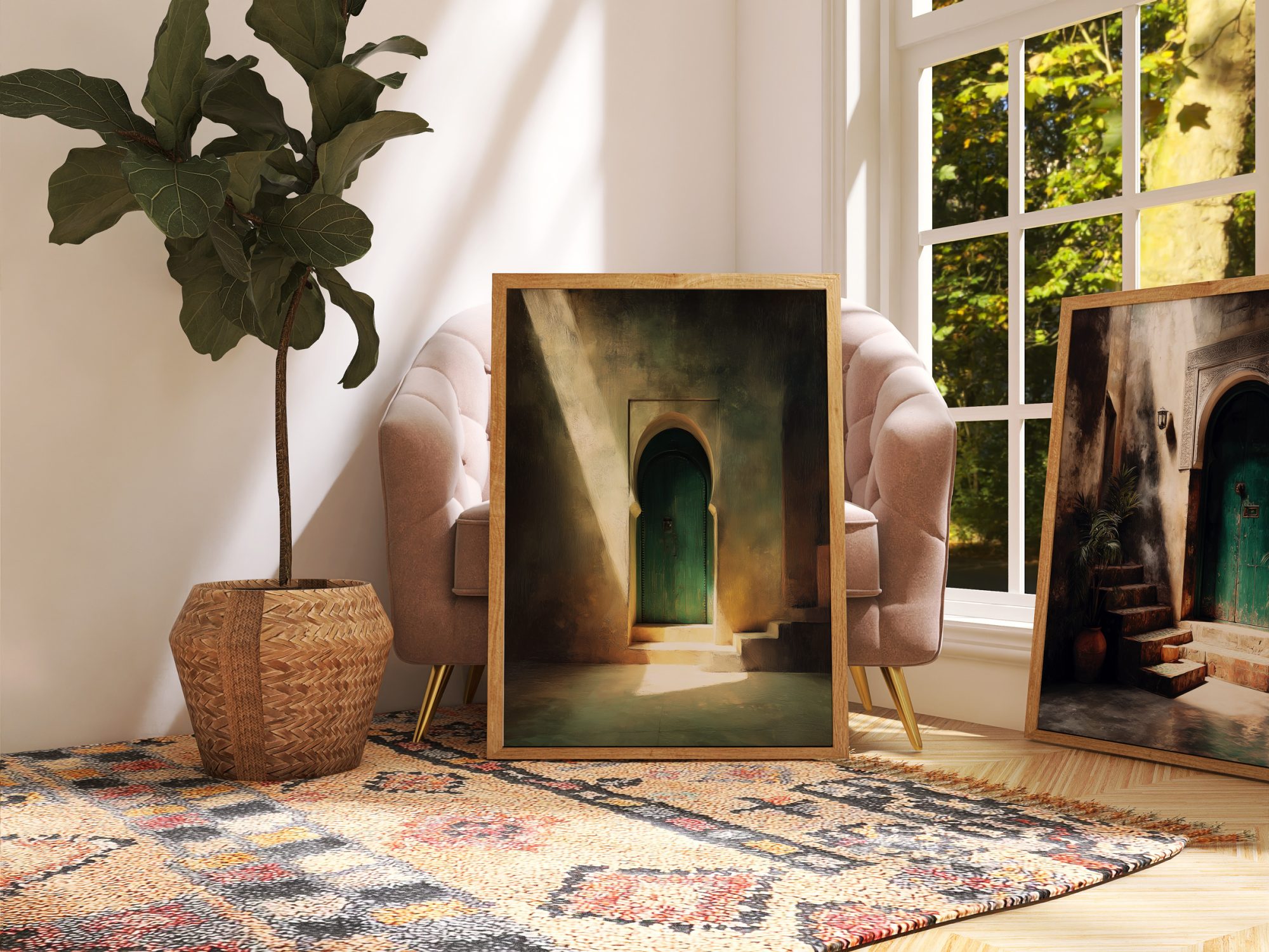 Affiche Porte Verte Maroc – Ombres & Lumière Orientale Affiche porte verte Maroc dans un salon chaleureux avec tapis et plantes