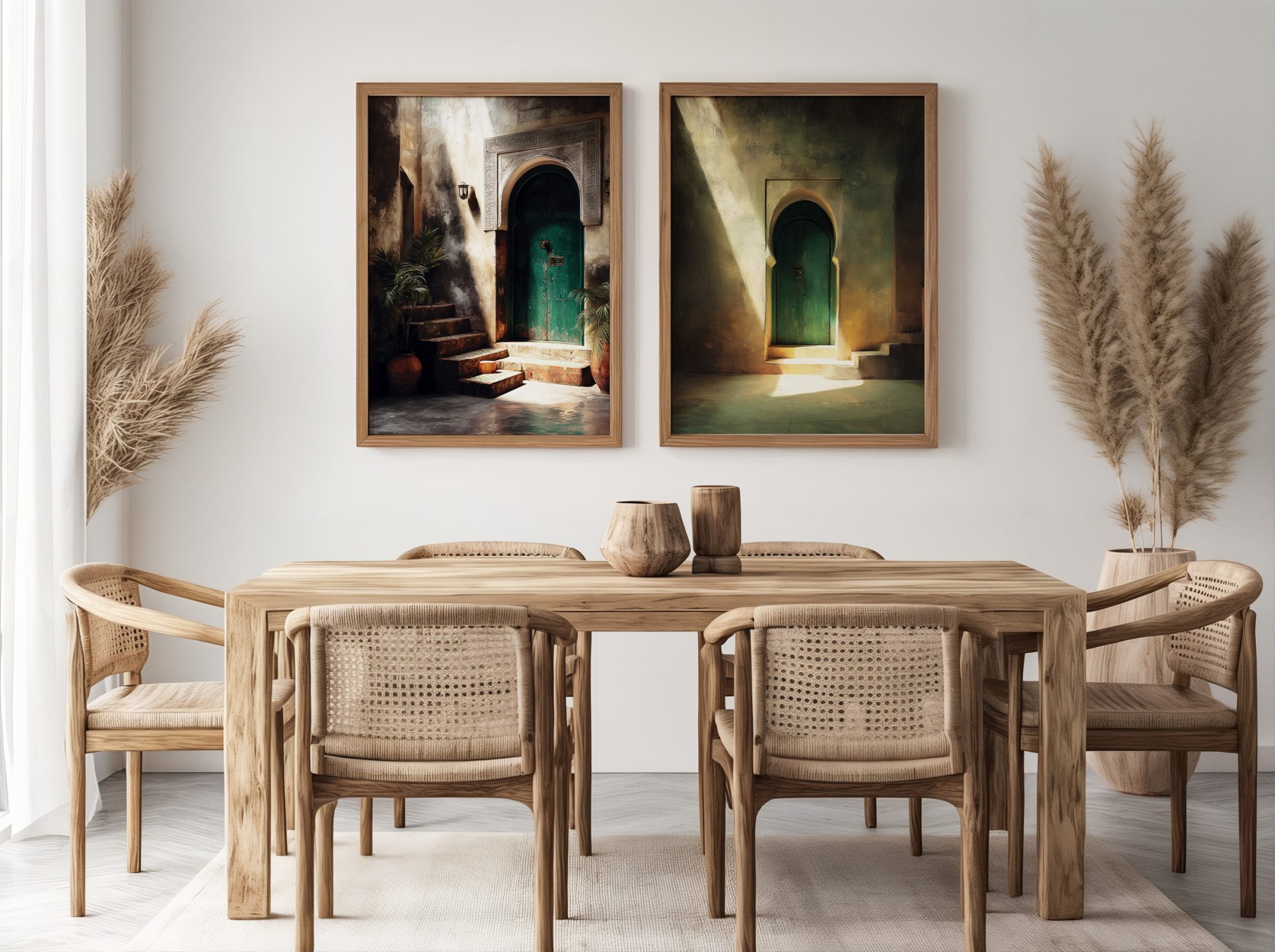Affiche Porte Verte Maroc – Ombres & Lumière Orientale Duo d’affiches porte verte Maroc au-dessus d’un buffet en bois naturel