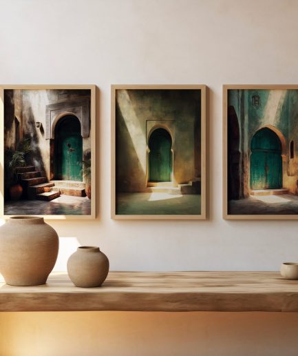 Triptyque d’affiches porte verte Maroc avec ambiance de riad et lumière orientale