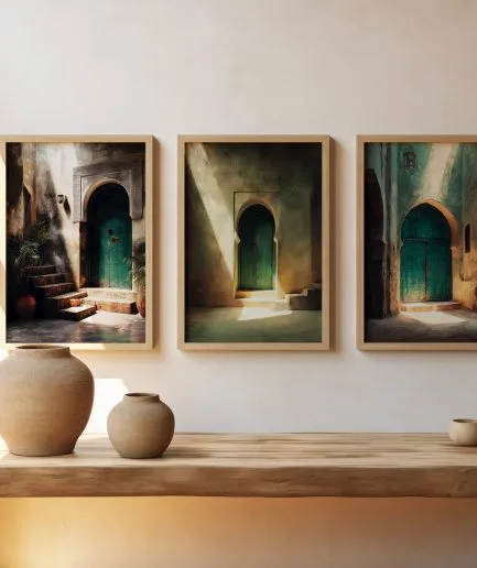 Triptyque d’affiches porte verte Maroc avec ambiance de riad et lumière orientale