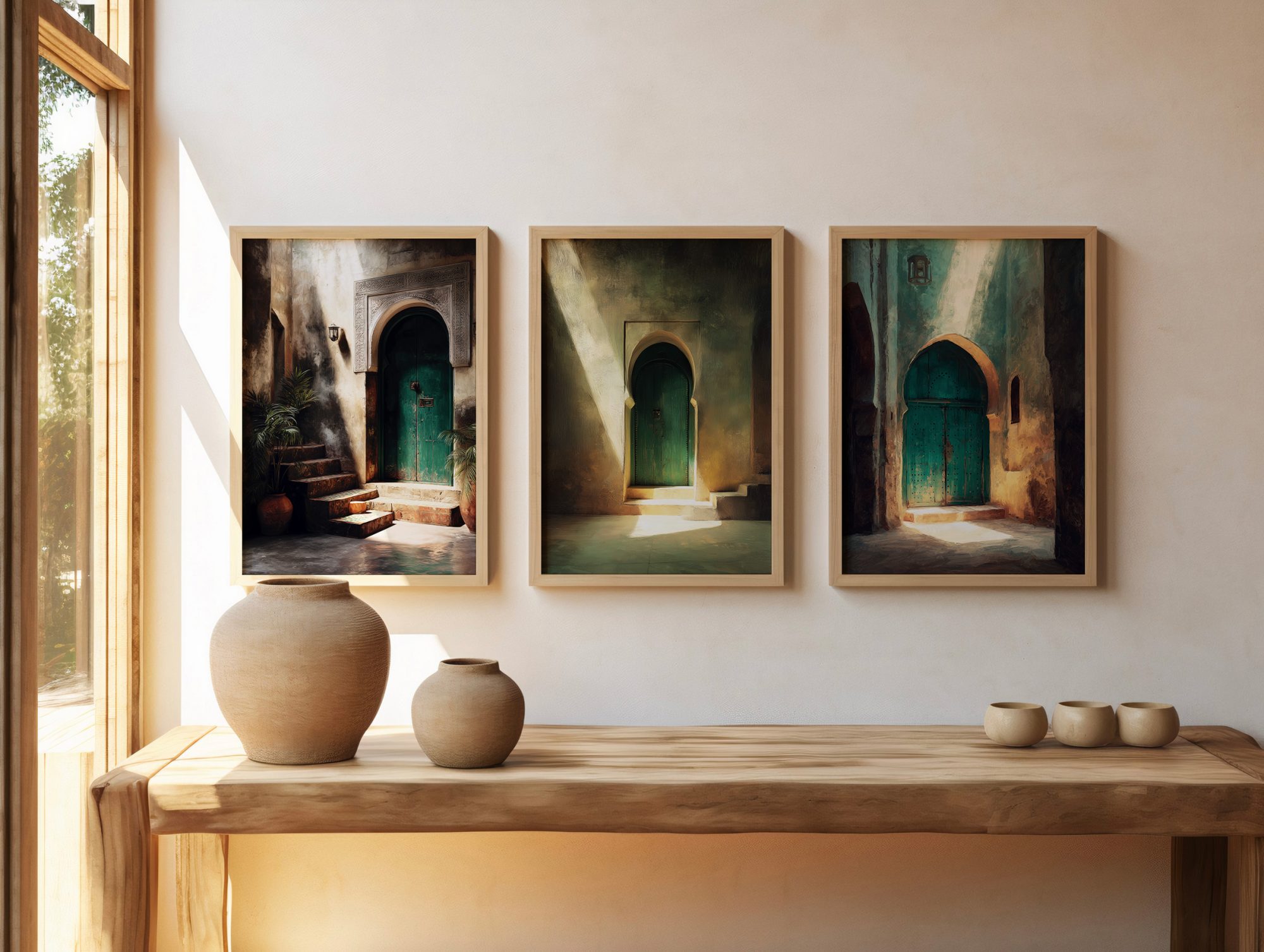 Affiche Porte Verte Maroc – Ombres & Lumière Orientale Triptyque d’affiches porte verte Maroc avec ambiance de riad et lumière orientale