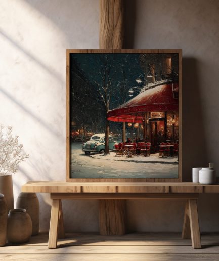 Affiche Paris hiver vintage de nuit avec un café au auvent rouge