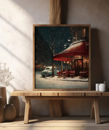 Affiche Paris hiver vintage de nuit avec un café au auvent rouge