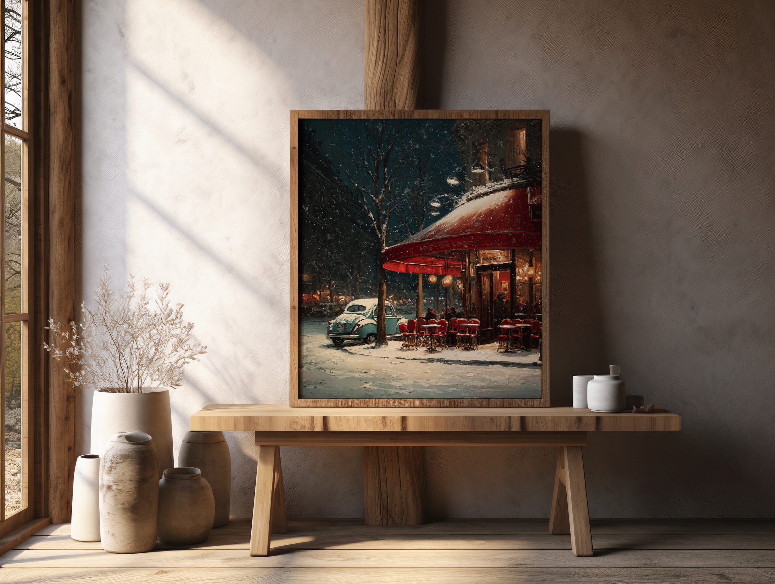 affiche-paris-sous-la-neige-cafe-rouge Affiche Paris hiver vintage de nuit avec un café au auvent rouge