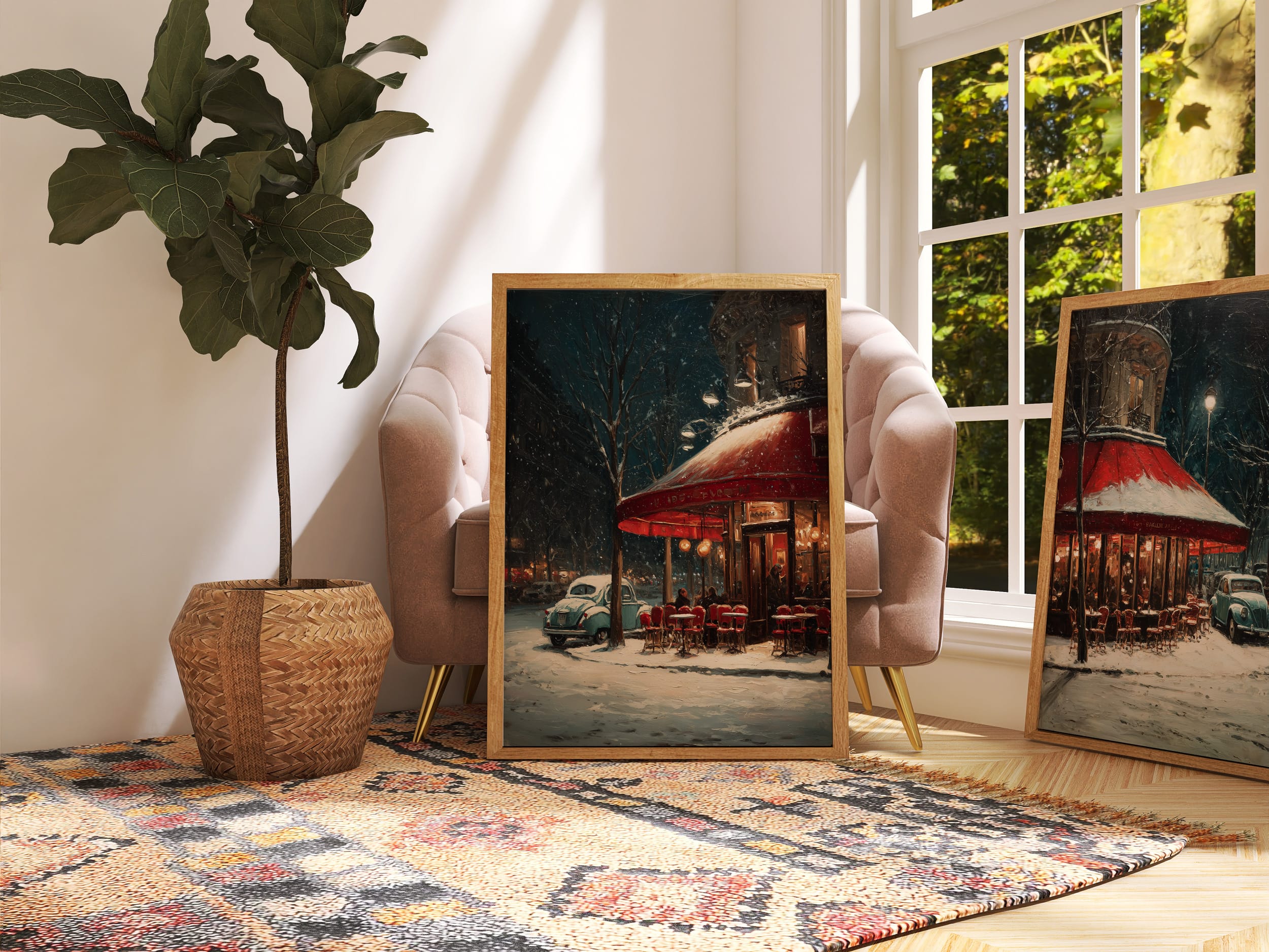 Affiche Paris hiver vintage – Café de Nuit Affiche Paris hiver voiture vintage – mockup 06 salon lumineux plante verte