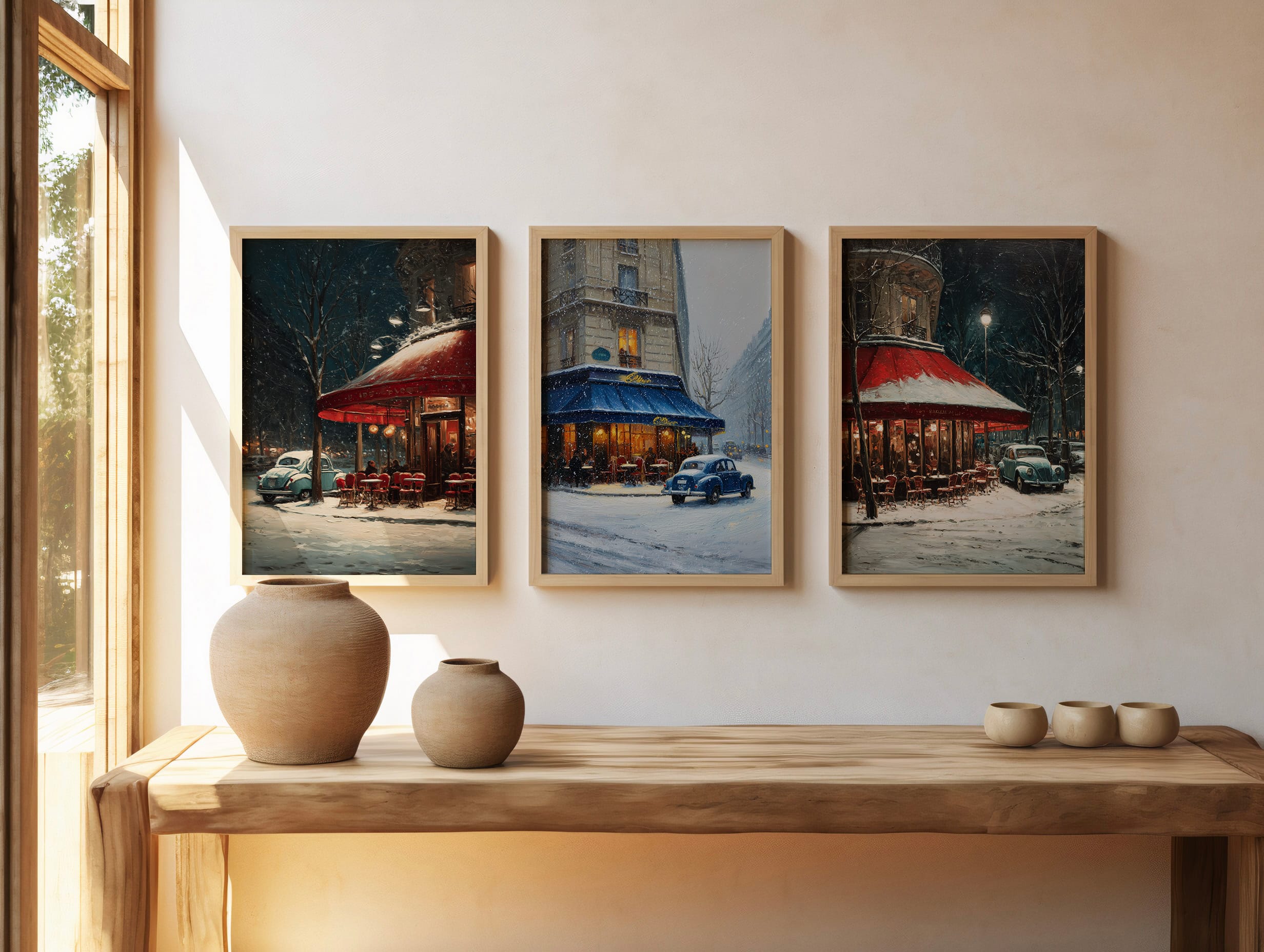 Affiche Paris hiver vintage – Café de Nuit Affiche Paris hiver café rouge nuit – mockup 07 entrée banc bois style scandinave
