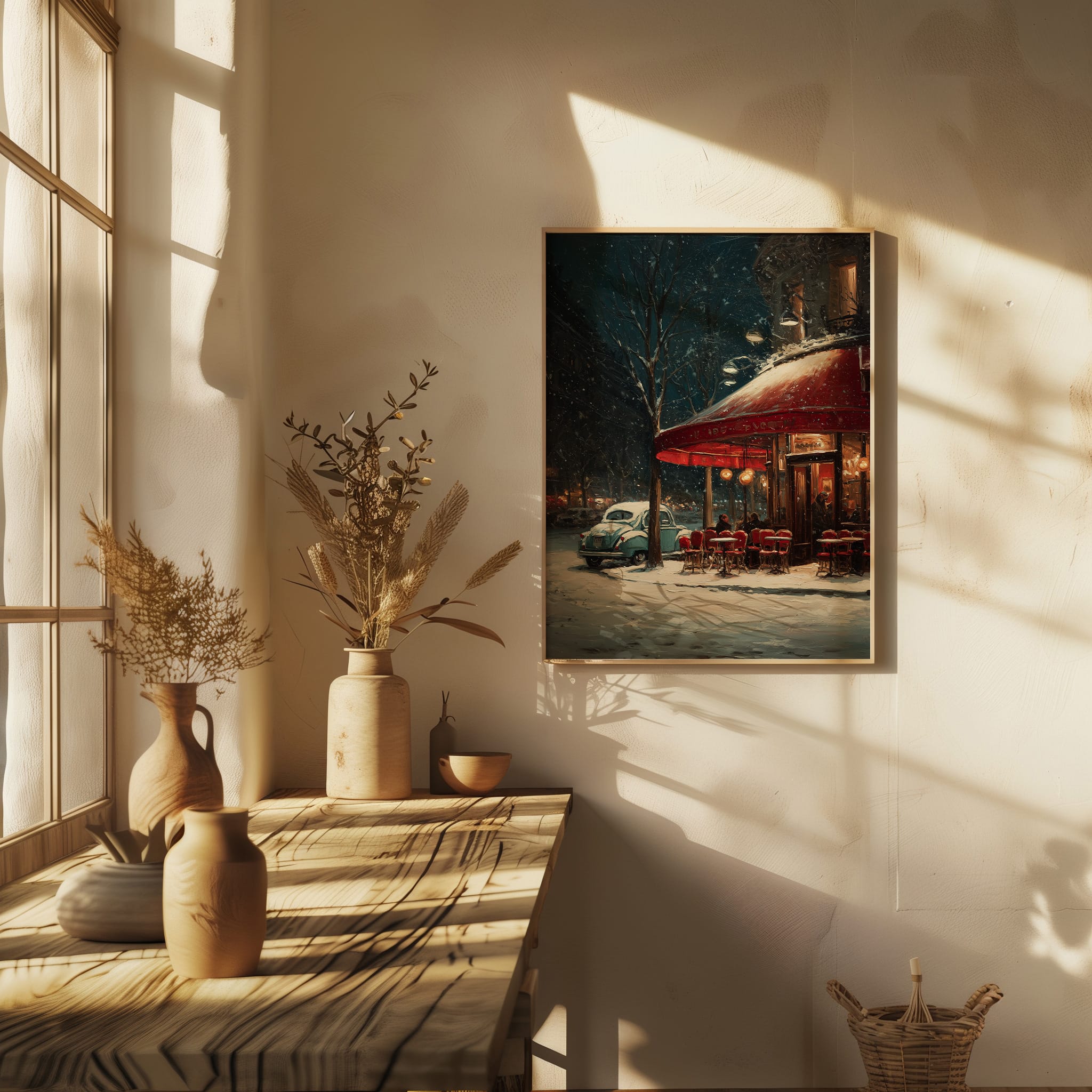 Affiche Paris hiver vintage – Café de Nuit Affiche Paris hiver voiture vintage nuit – mockup 09 coin lecture bureau