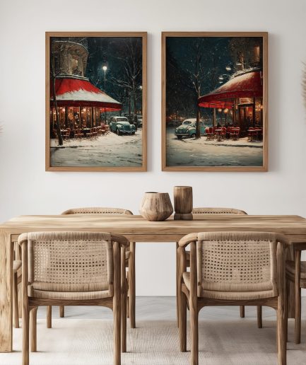 Affiche Paris hiver café rouge – mockup 10 chambre atmosphère douce et féutrée