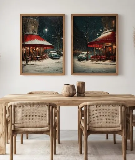 Affiche Paris hiver café rouge – mockup 10 chambre atmosphère douce et féutrée