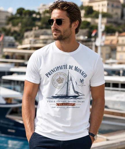 T-shirt Monaco Yacht Club vintage porté en bord de marina