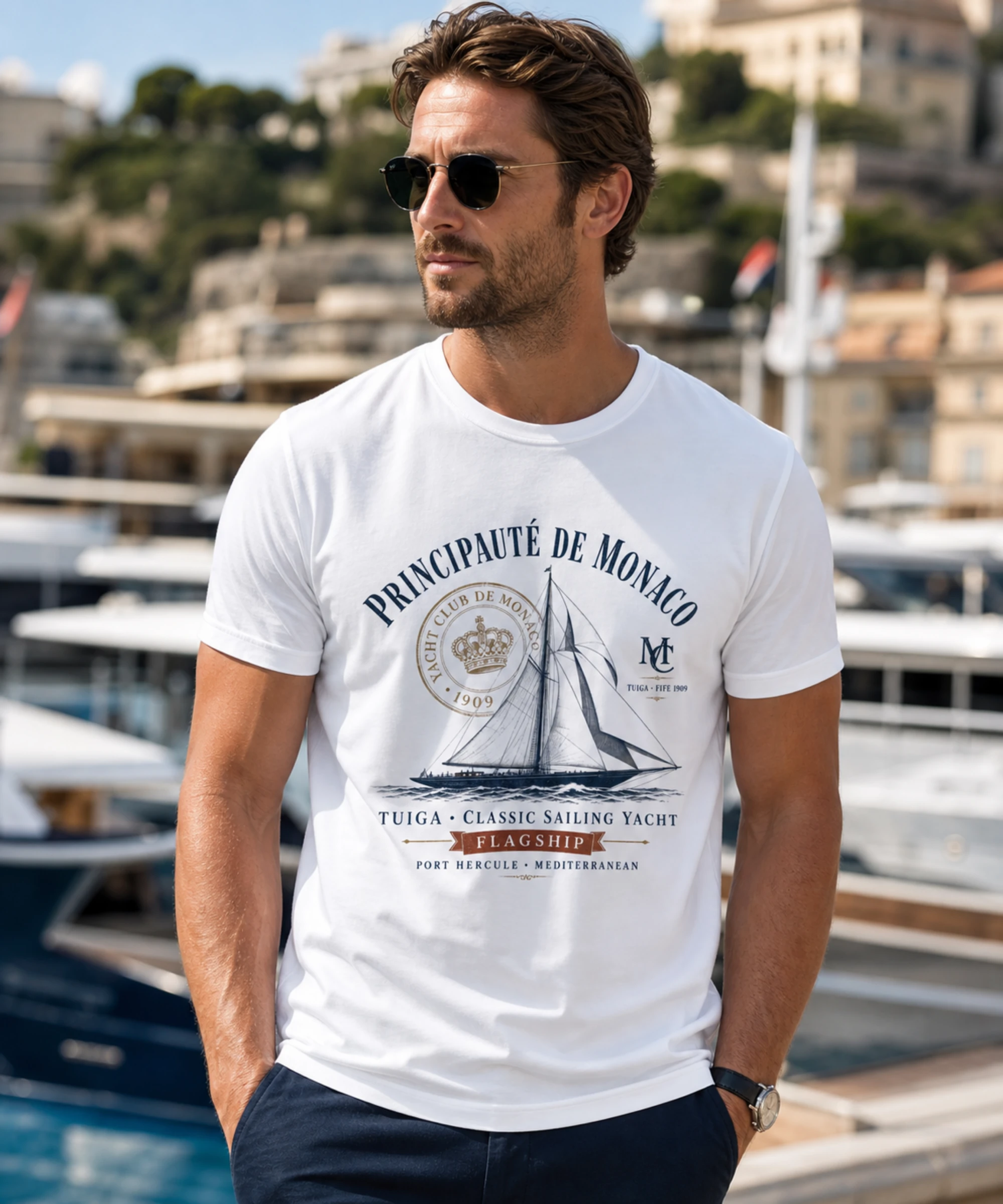 T-shirt Monaco Yacht Club vintage coloris blanc h T-shirt Monaco Yacht Club vintage porté en bord de marina