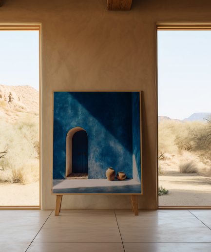 affiche bleu Majorelle avec mur, jarres et jeux d’ombre méditerranéens