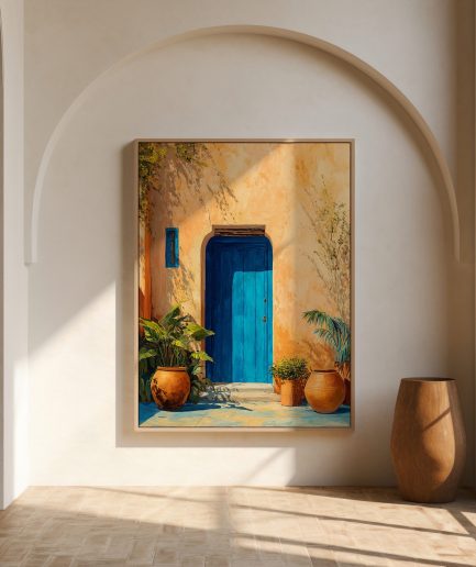 Affiche porte bleue Maroc avec patio ocre, plantes méditerranéennes et jarres terracotta