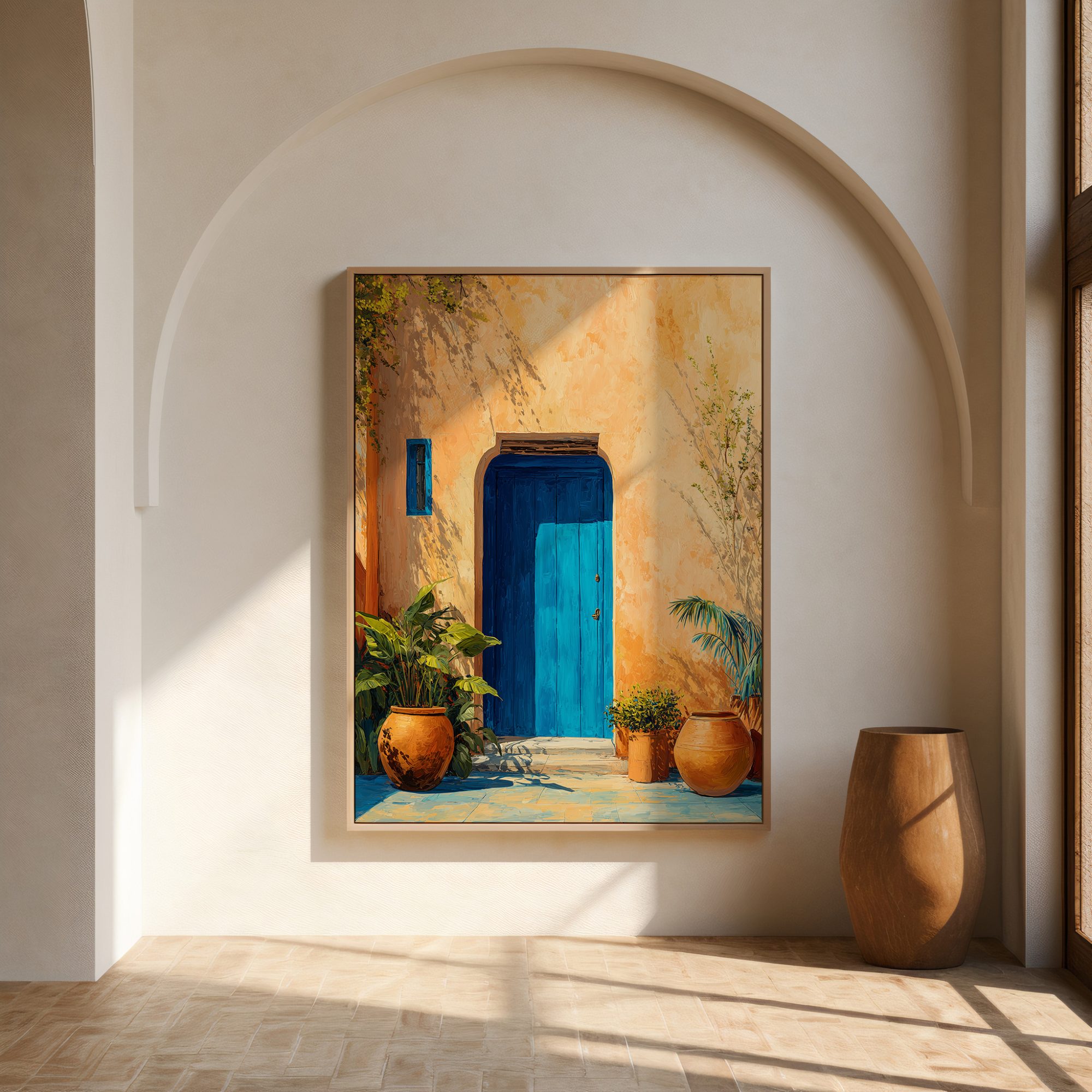Affiche Porte Bleue Maroc – Patio Ocre & Plantes Méditerranéennes Affiche porte bleue Maroc avec patio ocre, plantes méditerranéennes et jarres terracotta