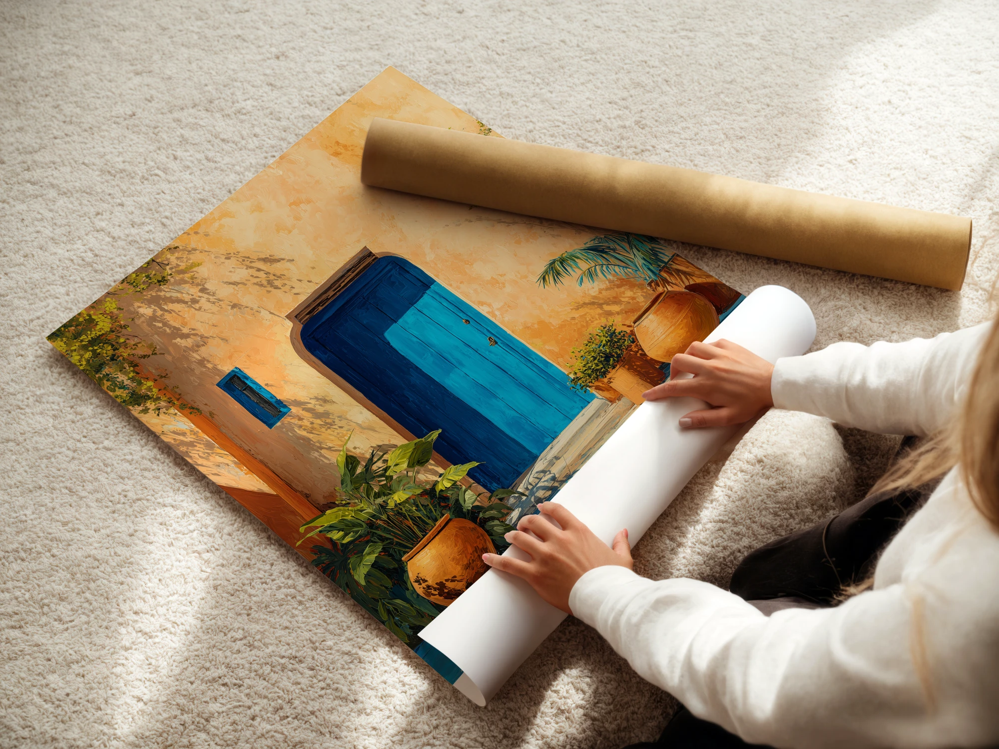 Affiche Porte Bleue Maroc – Patio Ocre & Plantes Méditerranéennes Affiche porte bleue Maroc sur papier mat tenue à la main avec décor terracotta