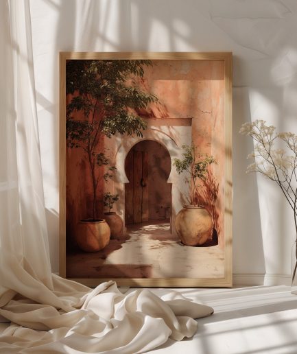 Affiche porte orientale Maroc avec mur terracotta, jarres artisanales et patio ensoleillé