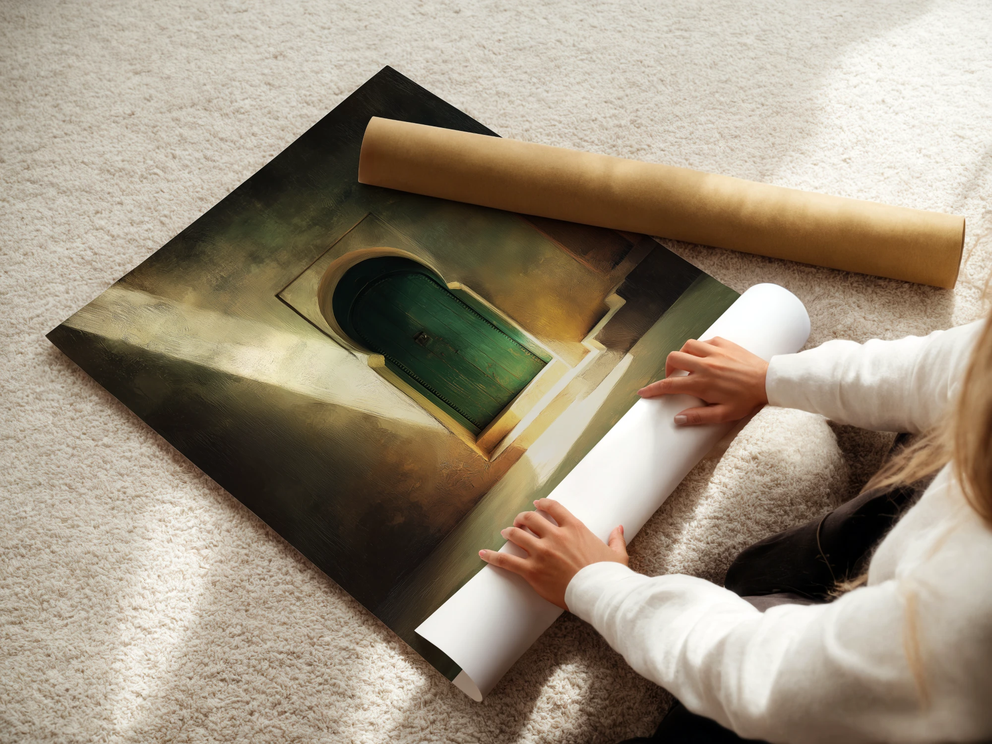 Affiche Porte Verte Maroc – Ombres & Lumière Orientale Affiche porte verte Maroc sur papier mat tenue à la main avec décor oriental