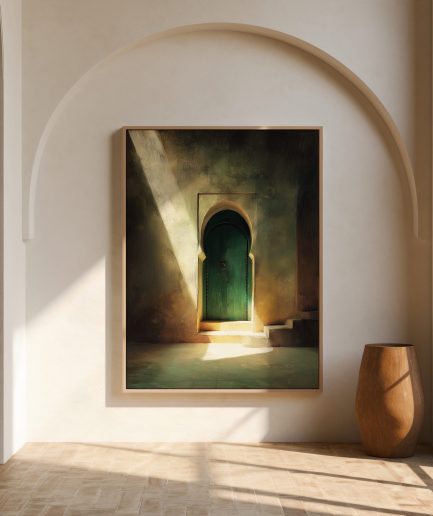 Affiche porte verte Maroc avec ombres et lumière orientale dans un riad