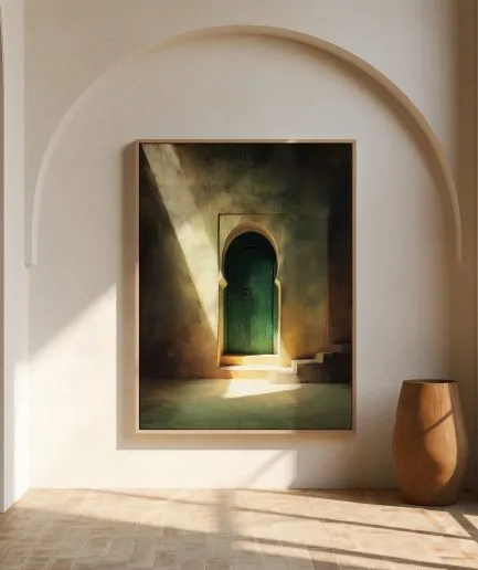 Affiche porte verte Maroc avec ombres et lumière orientale dans un riad