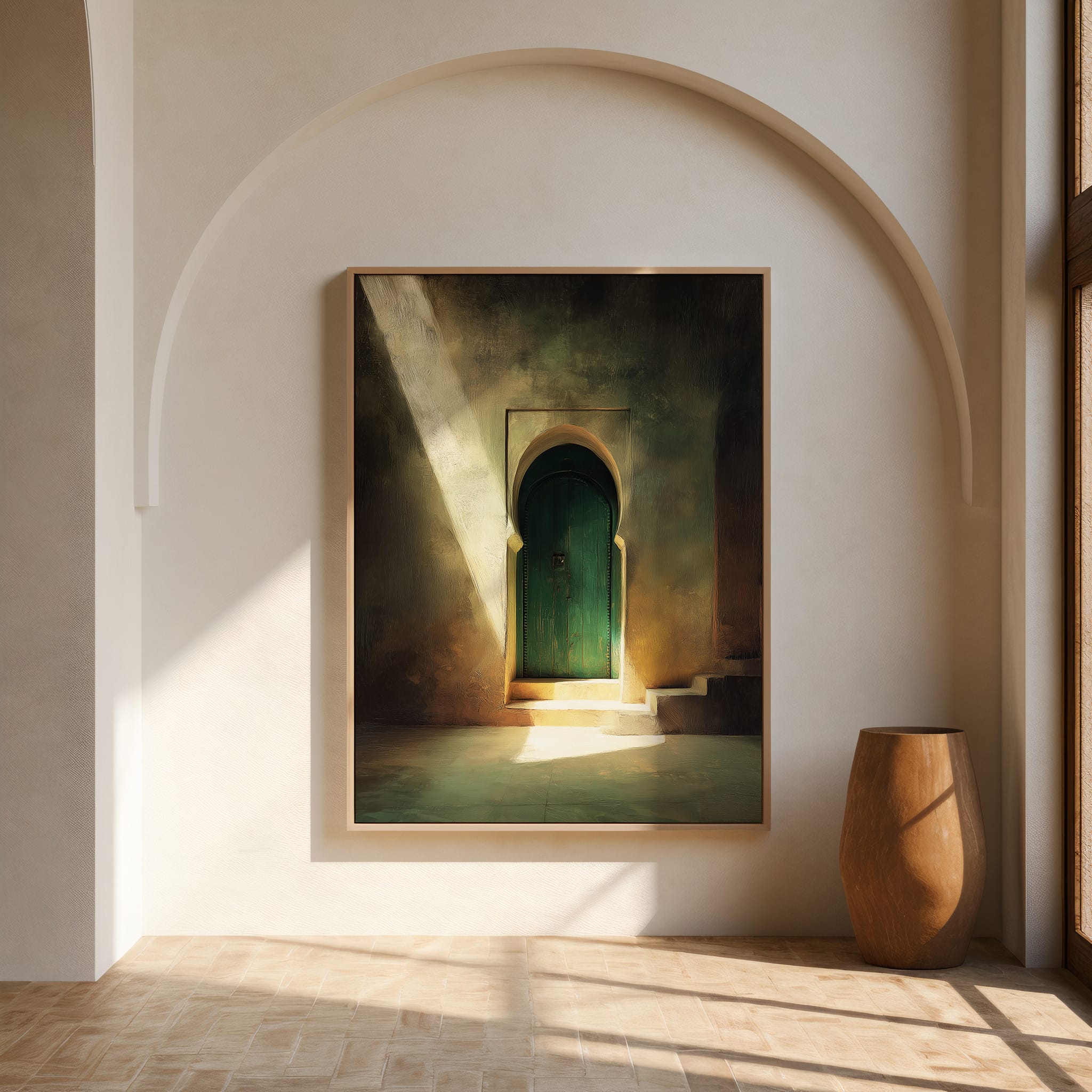 Affiche Porte Verte Maroc – Ombres & Lumière Orientale Affiche porte verte Maroc avec ombres et lumière orientale dans un riad