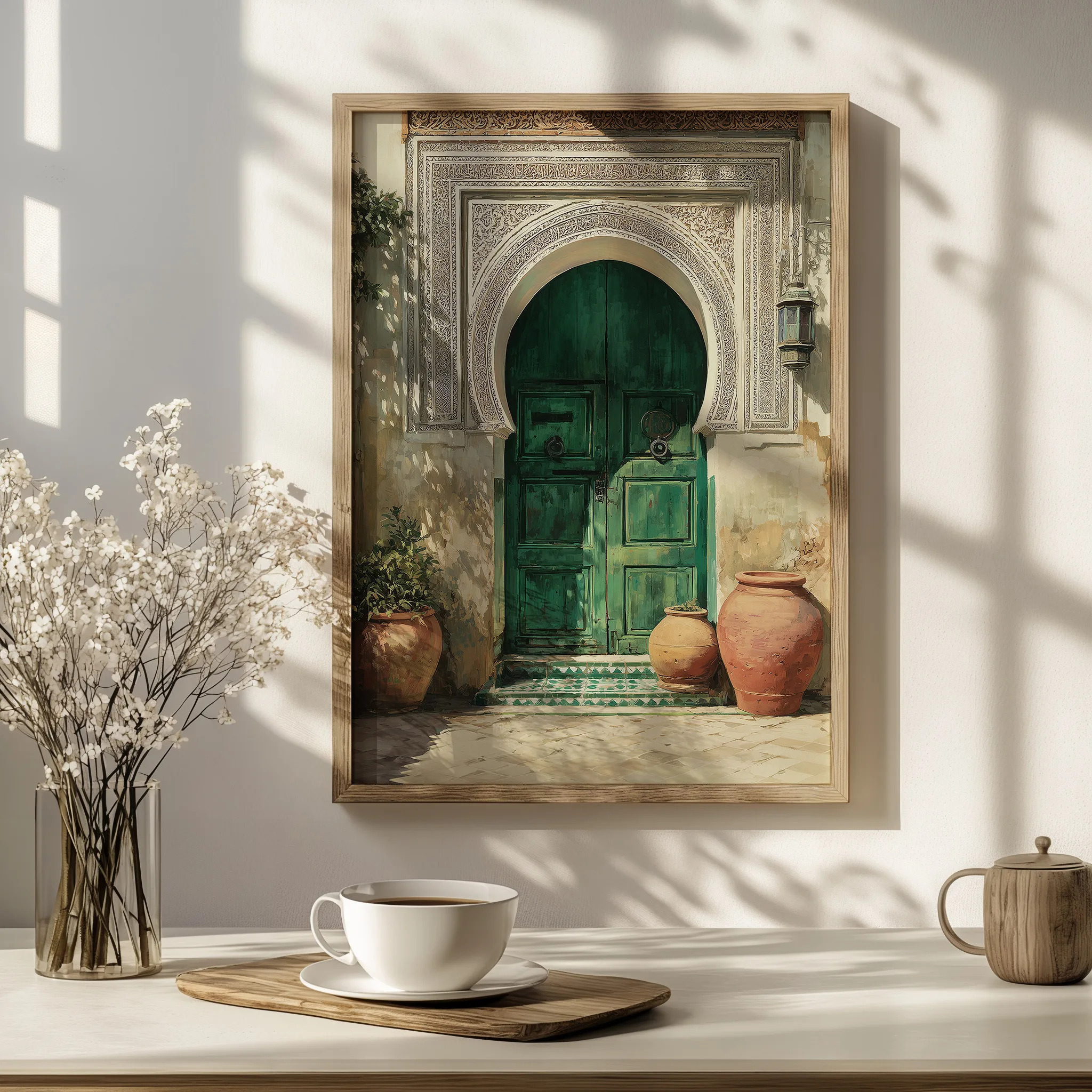 Affiche Porte Marocaine – Riad Vert Émeraude Affiche porte marocaine près d’une tasse de café dans une décoration douce