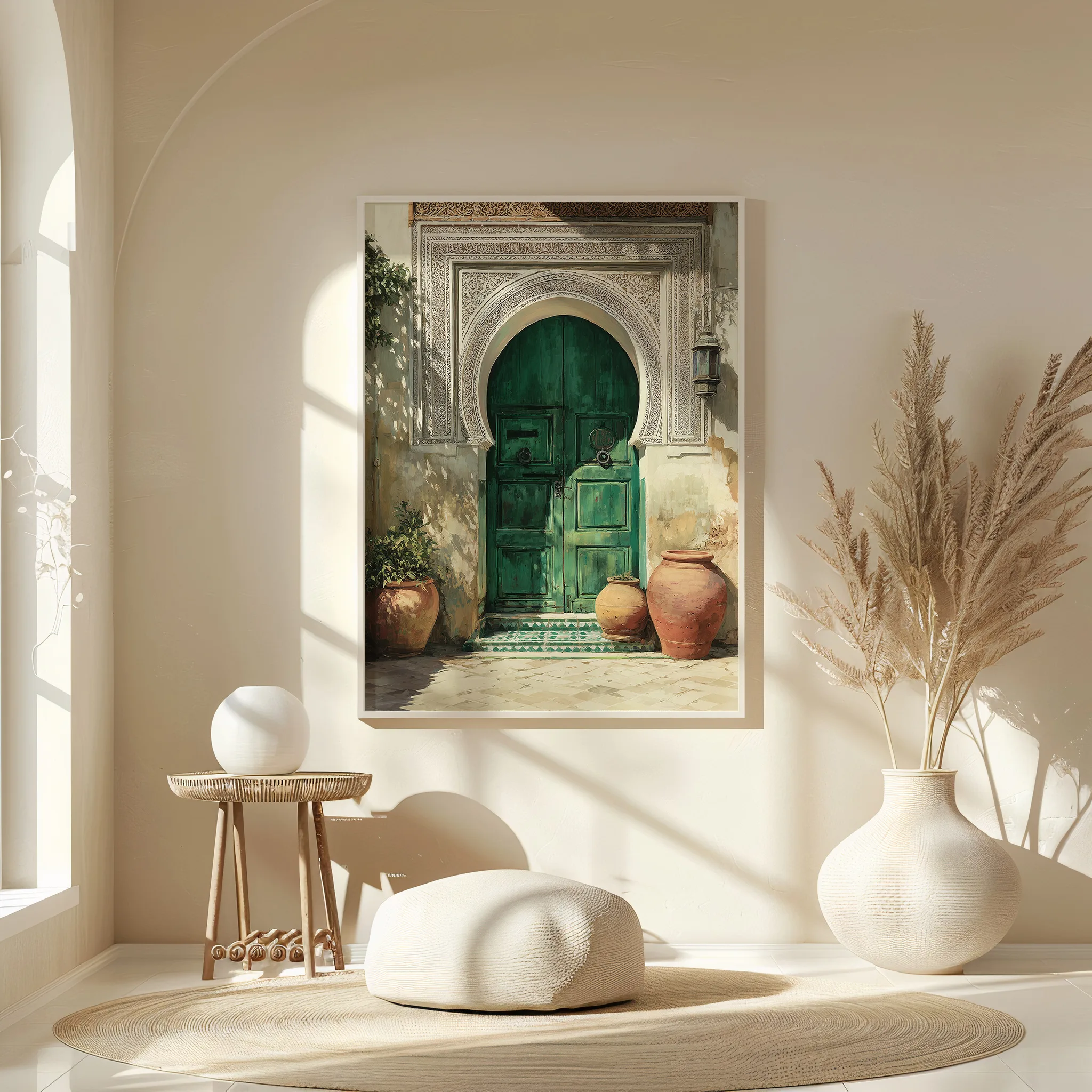 Affiche Porte Marocaine – Riad Vert Émeraude Affiche riad marocain avec porte verte dans un intérieur méditerranéen