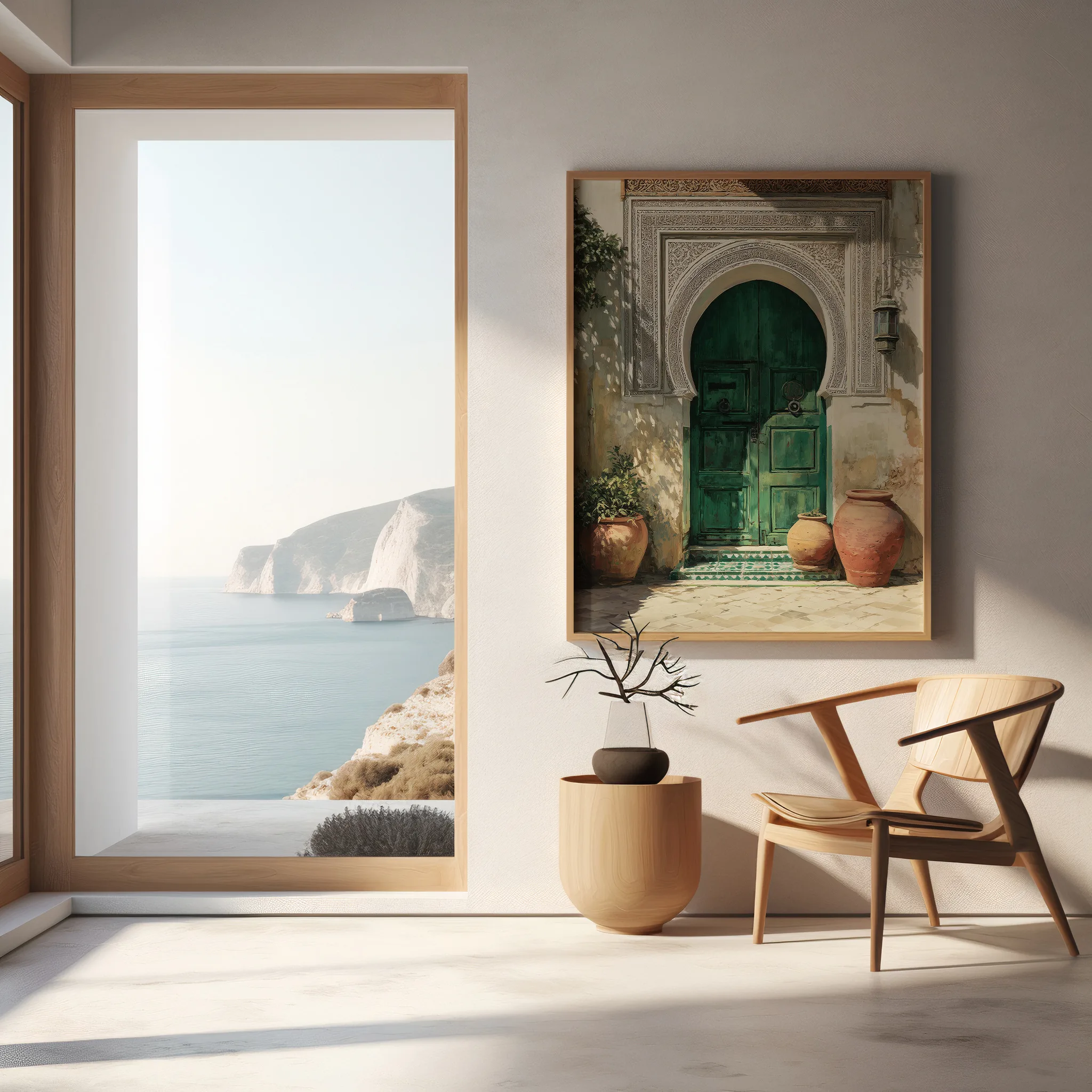 Affiche Porte Marocaine – Riad Vert Émeraude Affiche riad marocain avec porte verte dans un intérieur méditerranéen