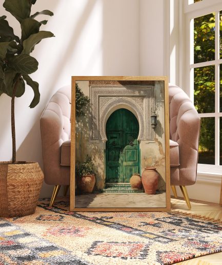 Affiche porte marocaine verte avec arche sculptée, zellige et poteries terracotta
