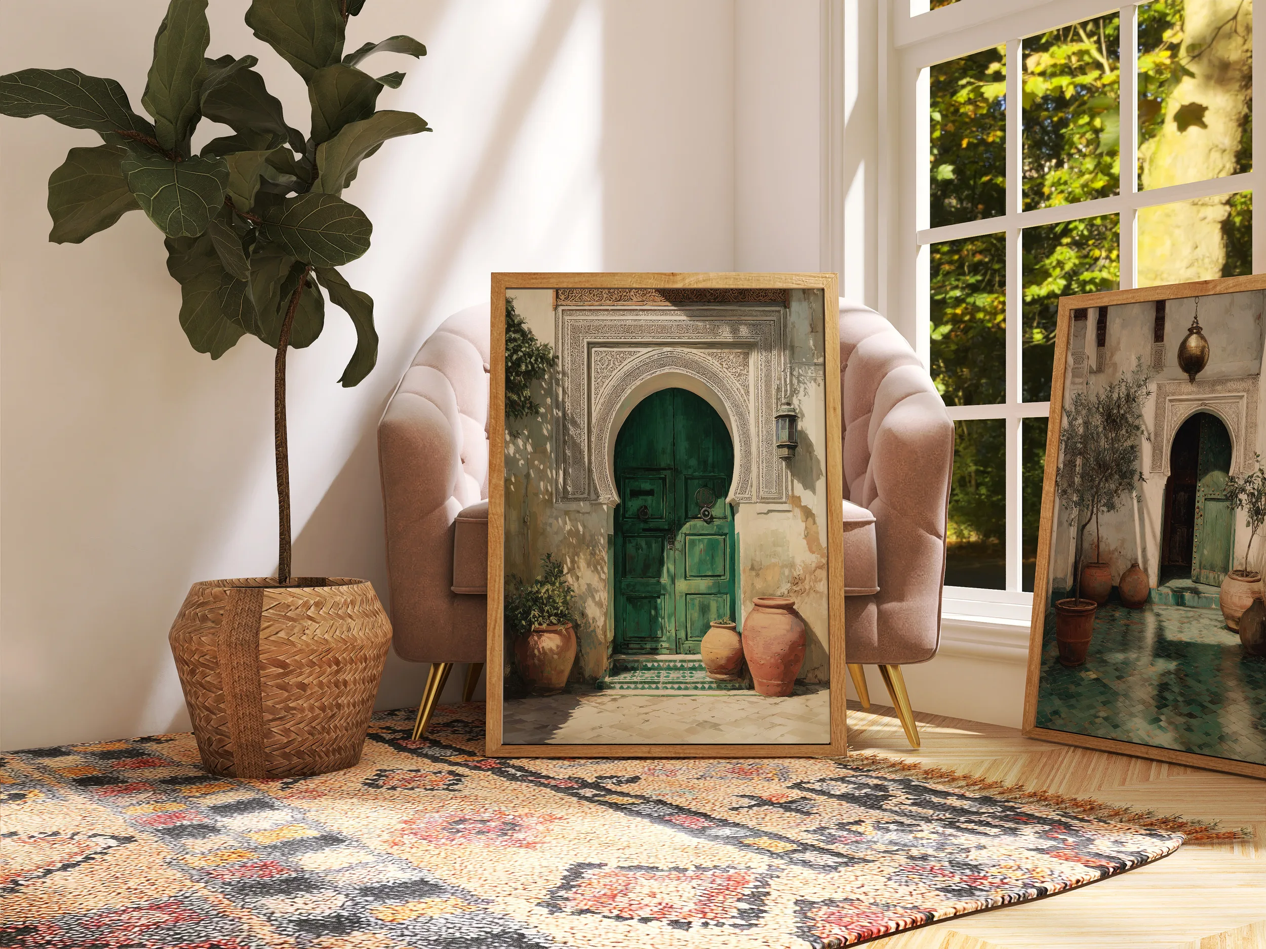 Affiche Porte Marocaine – Riad Vert Émeraude Affiche porte marocaine verte avec arche sculptée, zellige et poteries terracotta