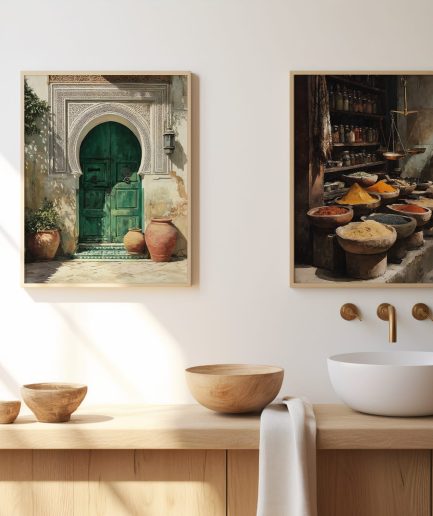 Affiche porte marocaine avec vue désert dans un intérieur lumineux