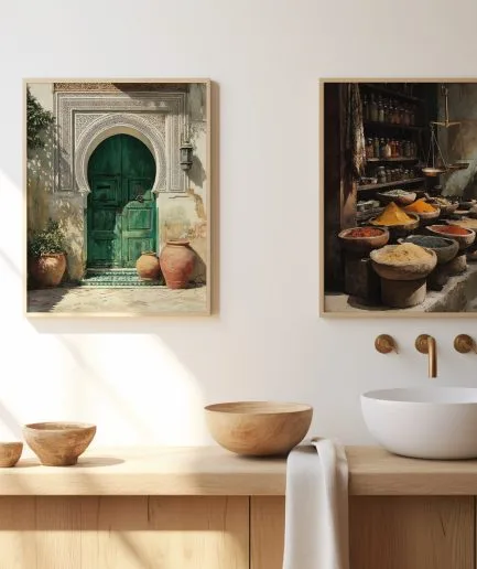 Affiche porte marocaine avec vue désert dans un intérieur lumineux