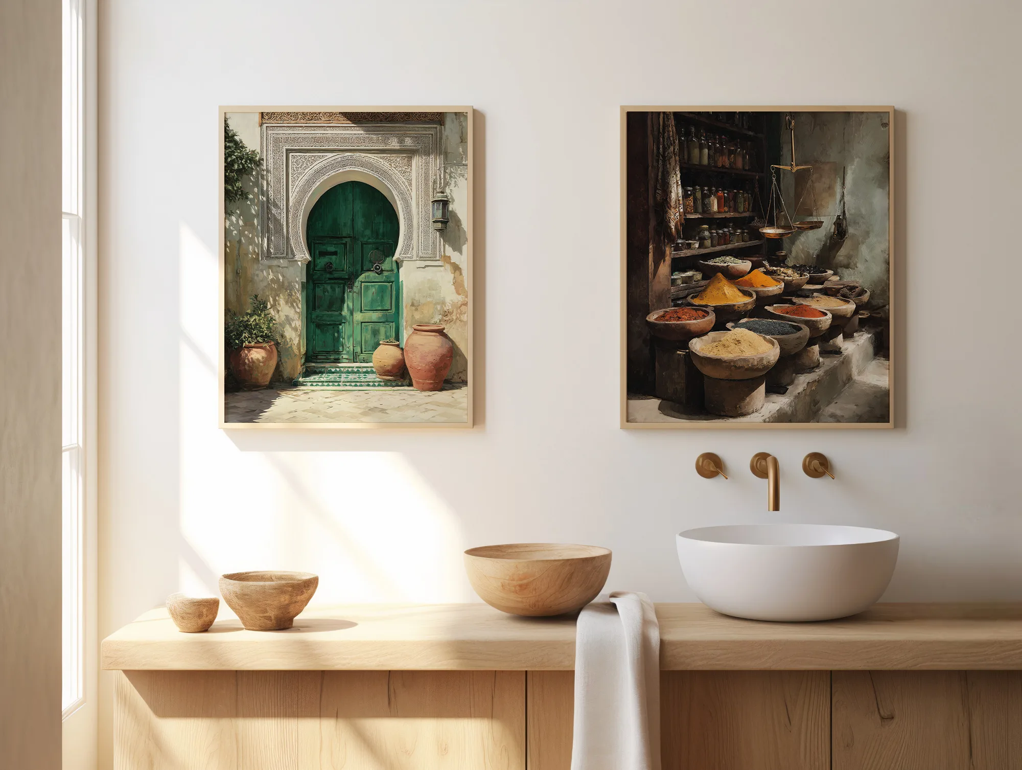Affiche Porte Marocaine – Riad Vert Émeraude Affiche porte marocaine avec vue désert dans un intérieur lumineux